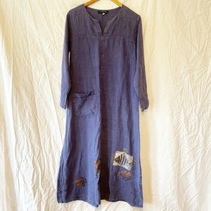 Fenini Vintage Linen Long Sleeve Art To Wear Lagenlook Maxi Dress Size S
